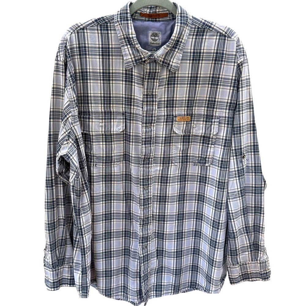Timberland Mens XL Plaid Snap Front Shirt Workwear Outdoor Cotton Blue Casual